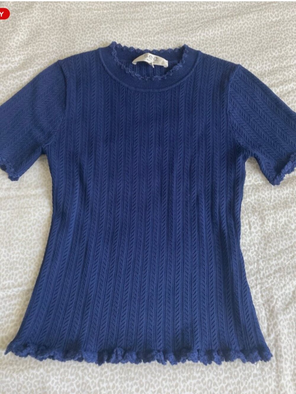 SEA New York Size XS Top Blouse Short Sleeve Ribbed Dark Navy Crochet Finish